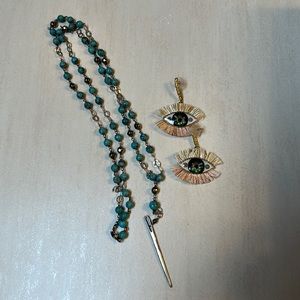 Chan Luu long beaded necklace and evil eye earrings